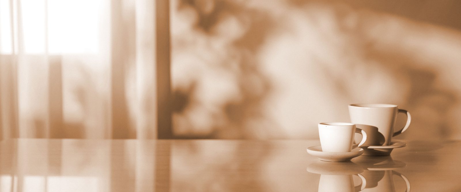 Two cups side by side on a polished table in soft window light, in warm bronze